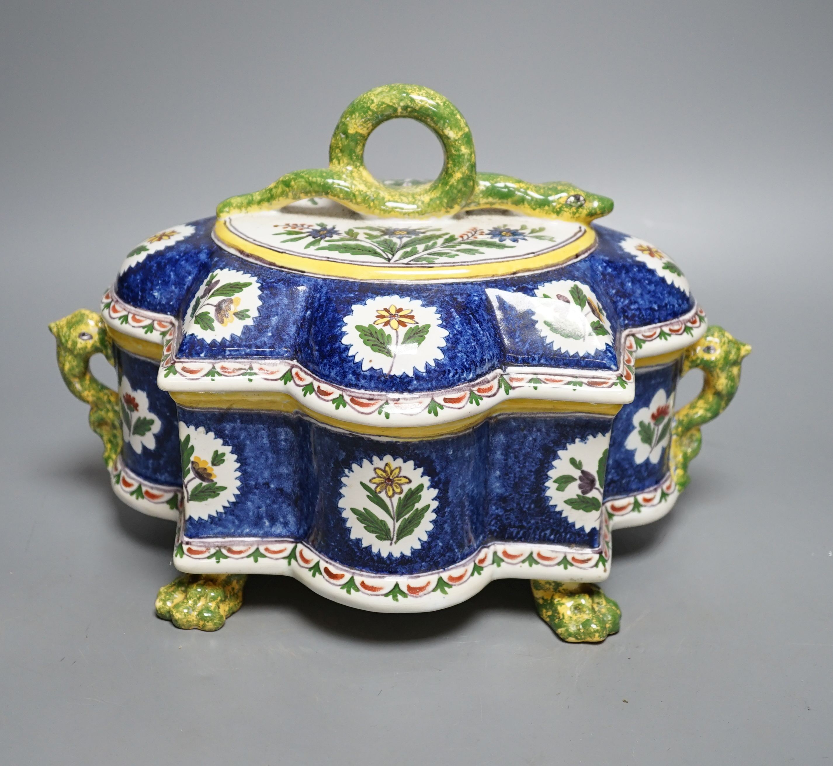 A Belgian Faience casket with ‘snake’ handles 30cm